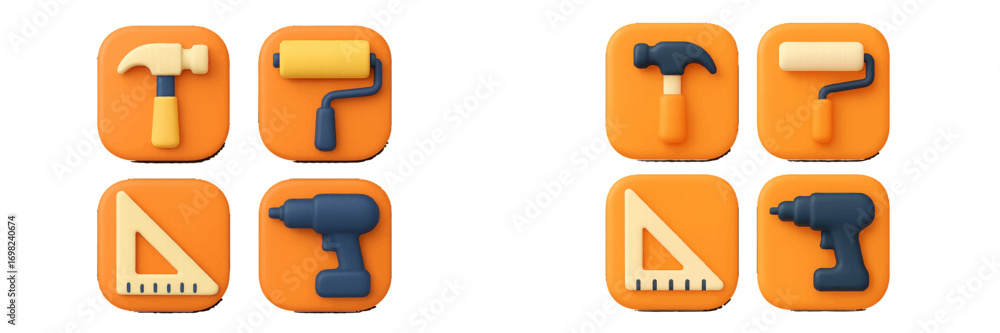 Poster 3d construction tool icon set with hammer, paint roller, power drill, and triangle ruler for user in