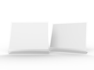 3D Realistic table stand, table tent mockup with metal base and white paper acrylic. Blank card holder display information for menu label, restaurant, cafe, banner, picture stand, sign holder, ads