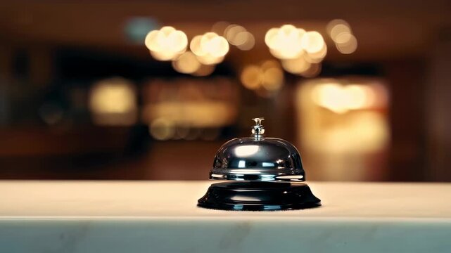 Hotel service bell on reception desk with elegant blurred lobby lights in background
