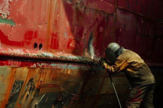 Welder repairing ship hull with welding torch in dry dock