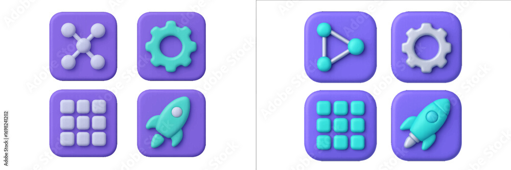 Poster modern 3d style application icon set for user interface design with network, gear, menu grid, and ro