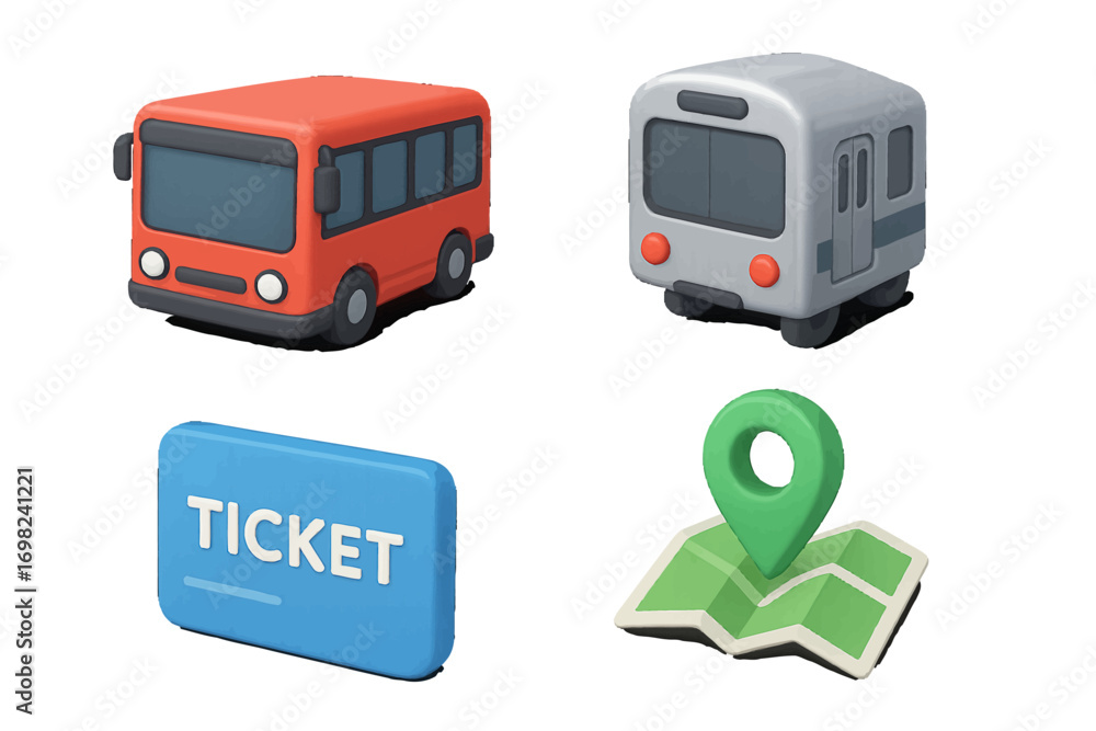 Poster set of public transportation icons including a bus, train, ticket, and map with a location pin for t
