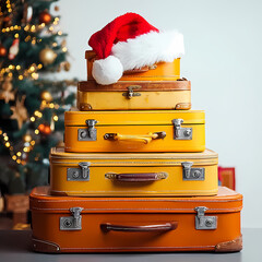 stake of vintage suitcase in Christmas background