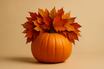 Pumpkin decorated with colorful autumn leaves on beige backgroun