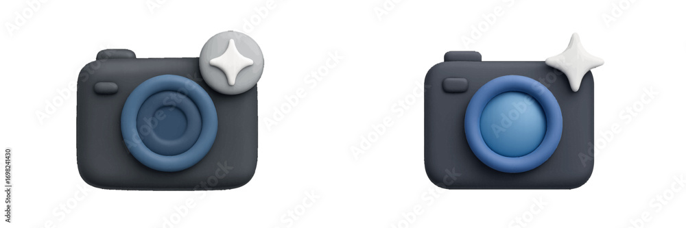 Poster collection of 3d rendered camera icons with a magic sparkle symbol representing photo enhancement or
