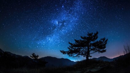 Fototapeta premium Lonely tree silhouetted against Milky Way over mountains at night
