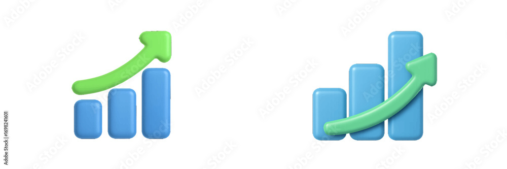 Poster 3d growth chart icon set with blue bar graphs and green arrows pointing up symbolizing business succ