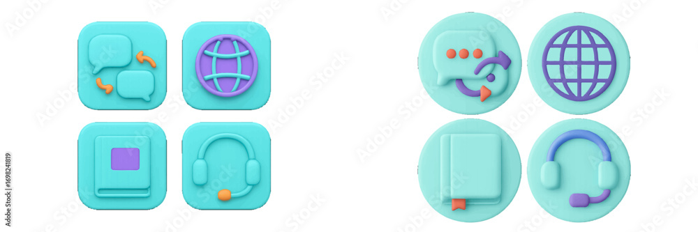 Poster 3d icon set for language learning and online communication with symbols for translation, global netw