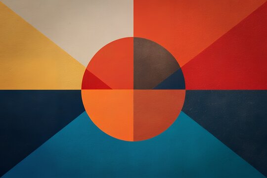 Abstract geometric composition with circular and triangular forms in warm and cool tones