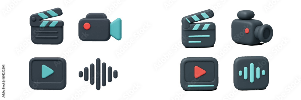 Poster 3d media player icon set with clapperboard, video camera, and audio sound wave symbols for user inte
