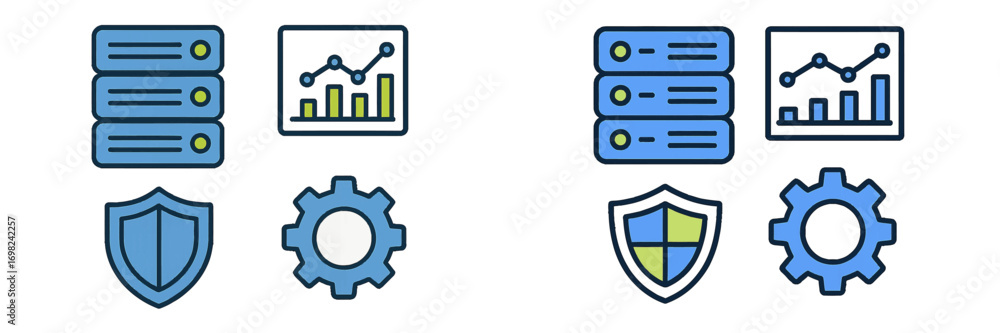 Aufkleber technology symbol set with server, data analytics graph, security shield, and settings gear in two d