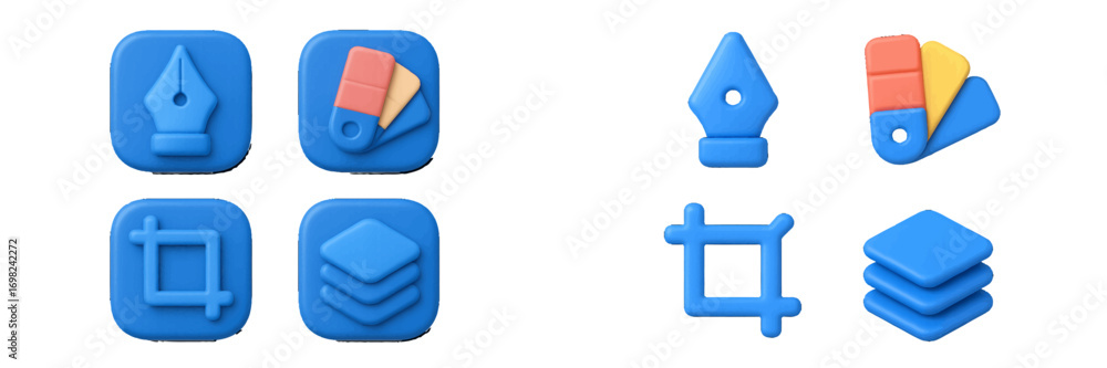 Poster 3d graphic design tool icon set with pen tool, color palette, crop symbol, and layers for user inter