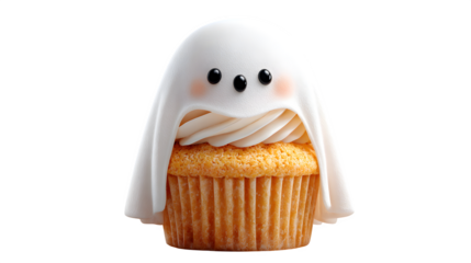 Realistic Halloween cupcake with ghost topper, isolated on white background