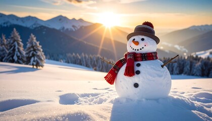 Obraz premium Snowman in snowy mountains at sunrise