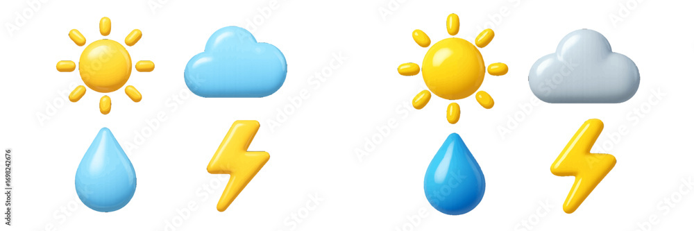 Poster 3d weather forecast icon set with sun, cloud, rain drop, and lightning bolt symbols for meteorology 