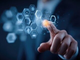 Futuristic digital interface with hexagonal network and human touch.