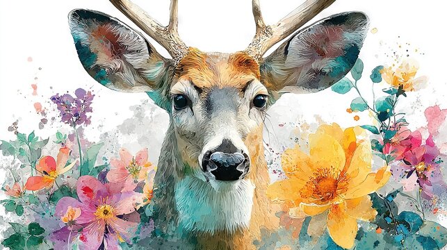  Deer with antlers and flowers in watercolor painting