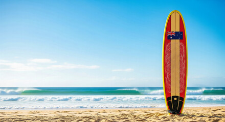 An Australian flag on a surfboard stuck in the sand of a beautiful sunny beach like Bondi