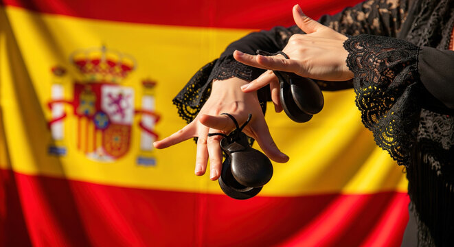 The Spanish flag as a vibrant background for a flamenco dancer's hands playing castanets