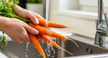 A person scrubbing a bunch of fresh carrots with soil under running water in a sink