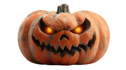 Large pumpkin with scary glowing eyes and mouth, isolated on white background