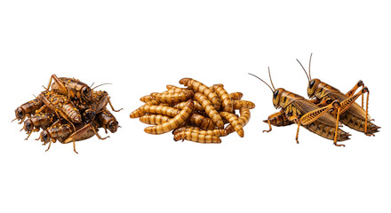 Three piles of edible insects isolated on transparent background