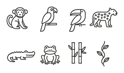 Obraz premium Set of stylized jungle animal and plant icons featuring monkey, toucan, cheetah, and bamboo
