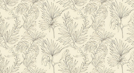 Seamless palm botanical doodle line art on cream background
