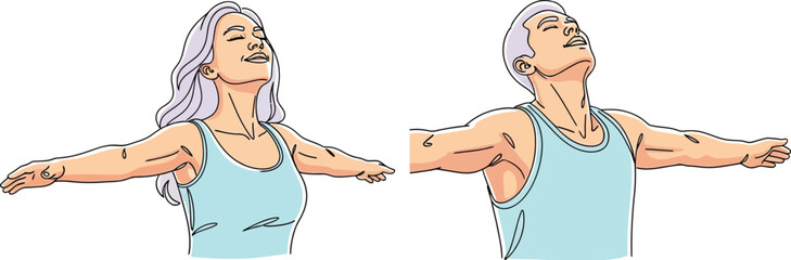 Joyful couple embracing fresh air with open arms and faces to the sky