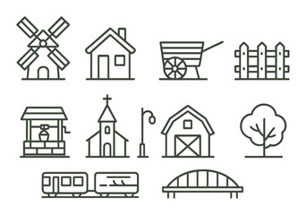 Outlined farm and village icons set featuring windmill, house, barn, and more