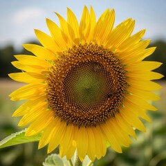 Naklejka premium A vibrant sunflower in full bloom, with two bees actively pollinating its intricate center, showcasing the beauty of nature and the essential role of insects.