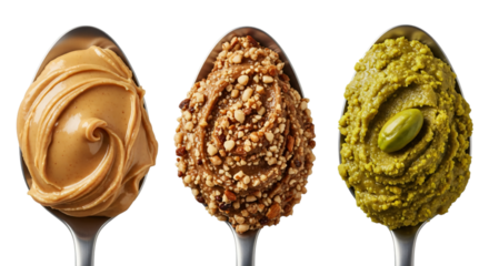 Three spoons with peanut butter, chopped nuts, and pistachio paste isolated on transparent background