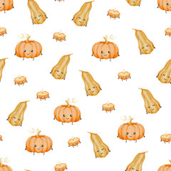 Seamless pattern with cute watercolor cartoonish pumpkins and candles on transparent background. Autumn harvest design perfect for fabric, textile, wrapping paper, wallpaper, stationery, decoration