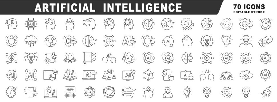Artificial intelligence outline icons: AI neural brain, data algorithms, generative automation, cloud networks, circuits, collaboration, devices&mdash;clean technology vector, editable stroke