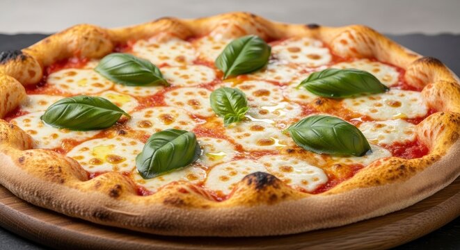 Delicious Neapolitan pizza Margherita with melted mozzarella, rich tomato sauce, and fresh basil leaves on a golden, bubbly crust. A classic Italian dish, perfect for food lovers. - Powered by Adobe
