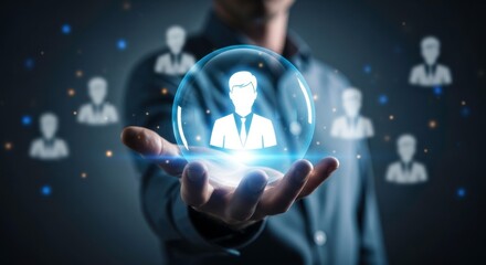 Person holding a glowing orb with a person icon inside surrounded by other icons