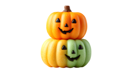 Two stacked jack-o-lanterns glowing in different colors, isolated on white background