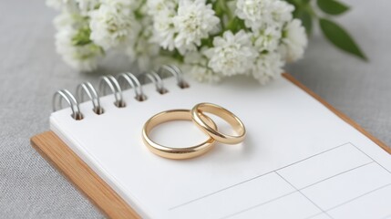 weekday wedding vibes Two wedding rings on a notebook surrounded by white flowers, symbolizing love and commitment.