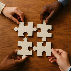 Overhead shot of diverse hands placing puzzle pieces together on a wooden table.