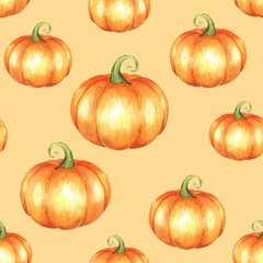 Watercolor seamless pattern with hand-drawn pumpkins