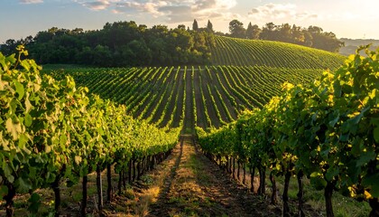 Lush vineyard rows at sunset