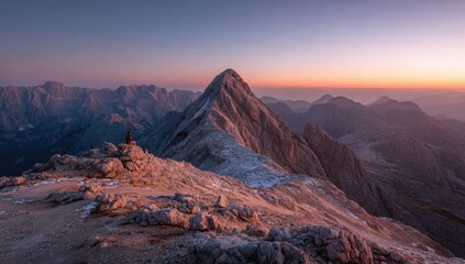 Obraz premium Mountaintop solitude at sunrise. A lone figure sits atop a rocky mountain ridge, the peak piercing a vibrant sunset sky.