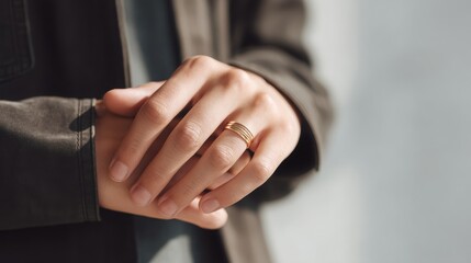 weekday wedding vibes Close-up of a person's hands wearing a ring, clasped together in a relaxed pose.