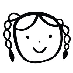 Childlike Doodle of a Smiling Girl with Braids. Cute Hand Drawn Kid’s Face Illustration in Black and White