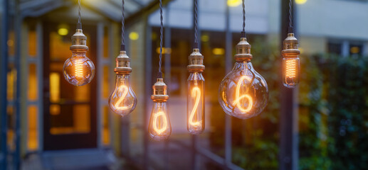 New Year 2026 glowing Edison light bulbs – festive holiday background with warm golden lights. 3d rendering illustration not AI