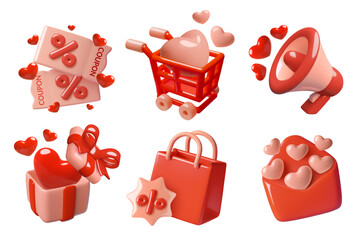 Valentine's Day sale and gift shopping 3d icons with hearts. Red and pink coupons, shopping cart, bag, megaphone, gift box and envelope. Vector illustrations isolated on white background. 
