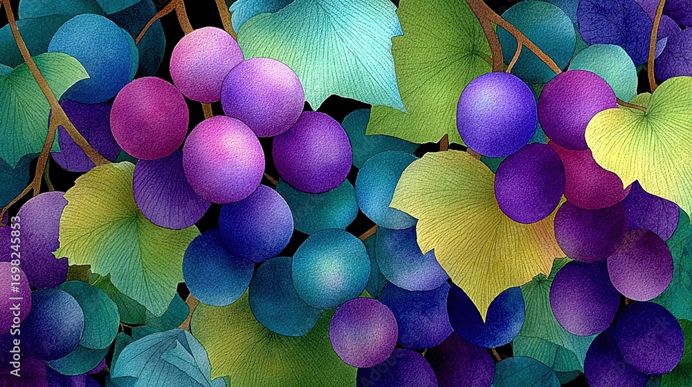 Poster a close-up of a cluster of grapes dangling from a tree's green foliage, adorned with varying shades 