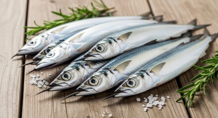 Fototapeta premium Fresh whole fish, possibly mackerel, arranged on a rustic wooden table with rosemary and coarse sea salt, ready for a healthy meal. Highlights fresh seafood and natural ingredients.