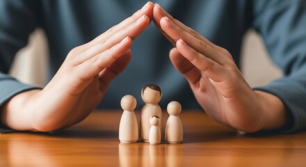 Hands forming roof over wooden family figurines on a polished wooden surface top