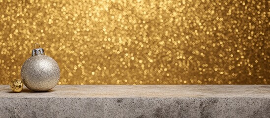Festive gold backdrop with a silver Christmas ornament on a stone surface